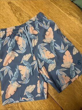 Caribbean Joe Swim Shorts  Leaf Print Swim Shorts in Slate Blue and Peach.